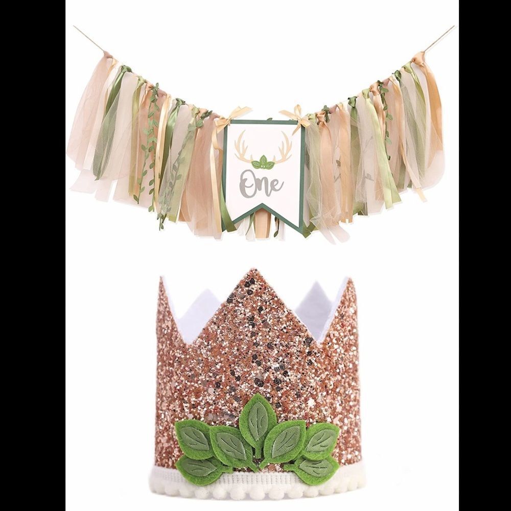 Woodland First Birthday Decorations ONE high chair banner and gold sparkly crown